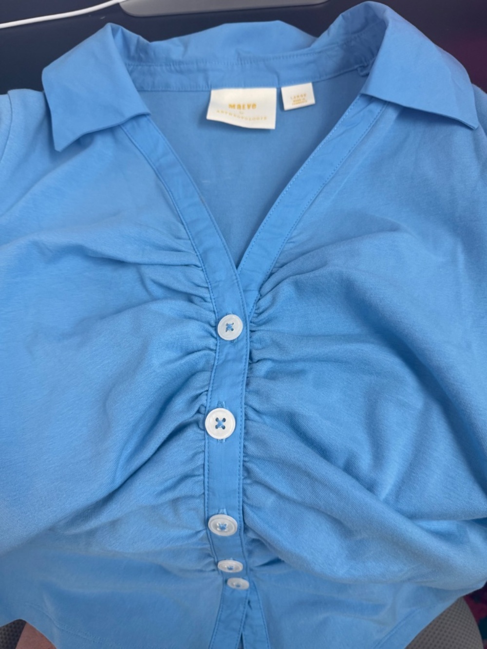 Anthropologie Maeve Button Down Blue Top Shirt V-Neck Ruched Front Large
